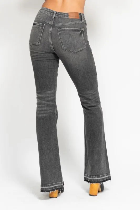 Judy Blue Full Size Midi Rise Tummy Control Washed Gray Release Hem Flare Jeans Plus Size GRY / 11(30) GRY / 5(27) GRY / 0(24) GRY / 11(30)-GRY / 5(27)-GRY / 0(24)-GRY / 1(25)-GRY / 3(26)-GRY / 7(28)-GRY / 9(29)-GRY / 13(31)-GRY / 15(32)-GRY / 14W-GRY / 16W-GRY / 18W-GRY / 20W-GRY / 22W-GRY / 24W-