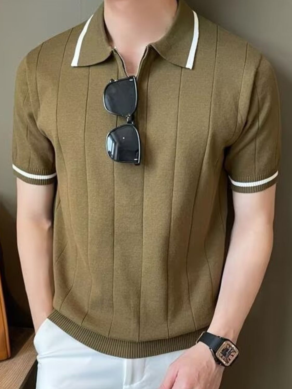 Men's Plus Size Quarter Zip Short Sleeve Polo Olive / XL Olive / 3XL Olive / 2XL Olive / XL-Olive / 3XL-Olive / 2XL-Olive / M-Ivory / 2XL-Ivory / XL-Olive / L-Ivory / 3XL-Ivory / M-Ivory / L-