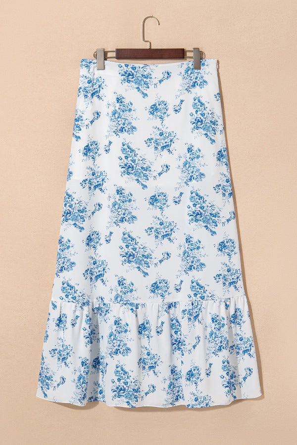 Split Asymmetrical Ruffled Printed Skirt Light Blue / S Light Blue / M Light Blue / L Light Blue / S-Light Blue / M-Light Blue / L-Light Blue / XL-