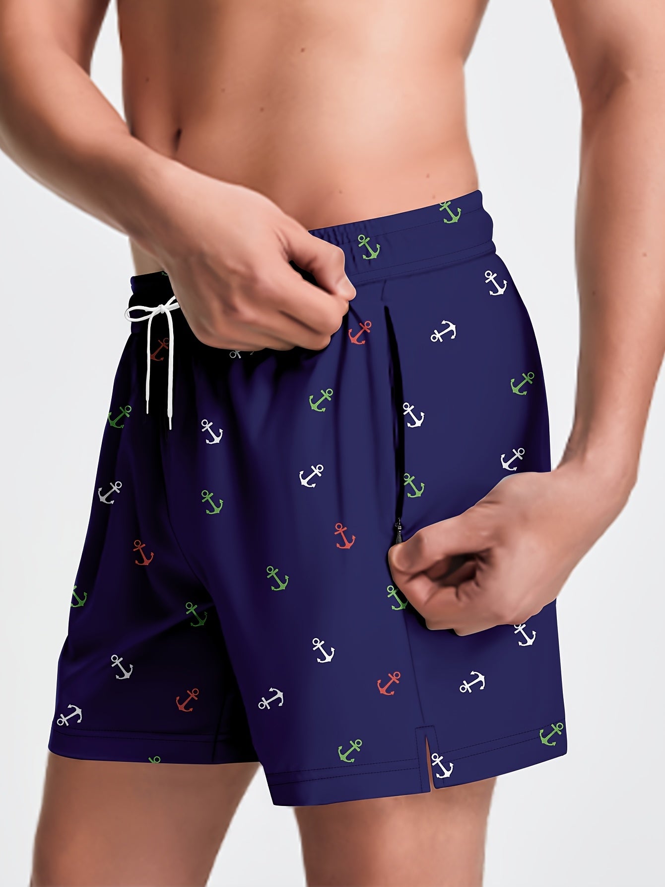 Men'S Swim Trunk With Compression Liner Navy Blue Anchor PrintQuick Dry Board Shorts With Pocket Zipper