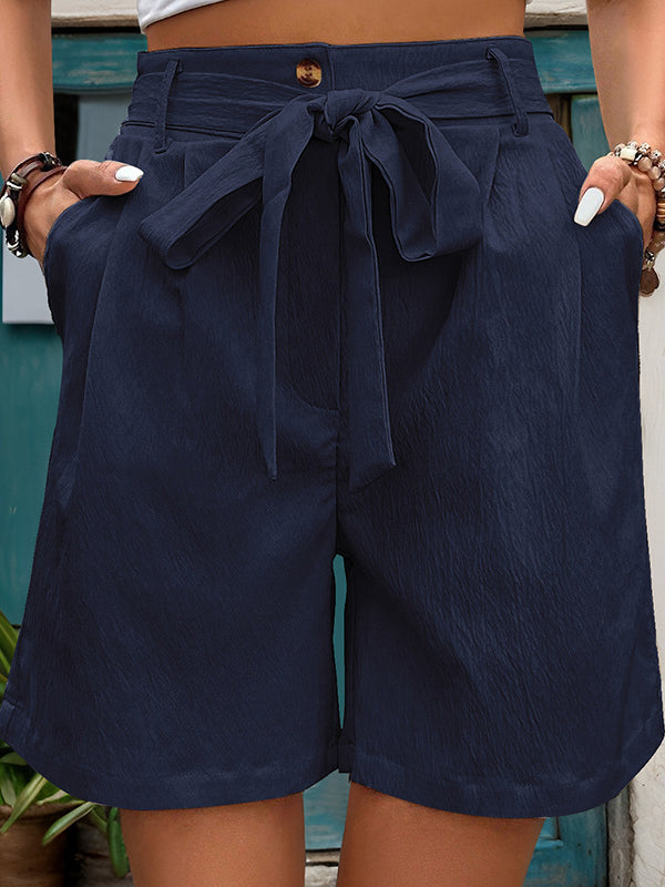 Chic High-Waisted Pleated Shorts with Tied Waist & Pockets NAVY BLUE