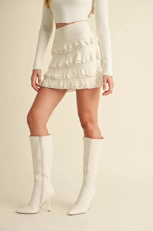 MABLE Ruffled Detail High Waist Knit Mini Skirt Cream / M Cream / S Cream / L Cream / M-Cream / S-Cream / L-