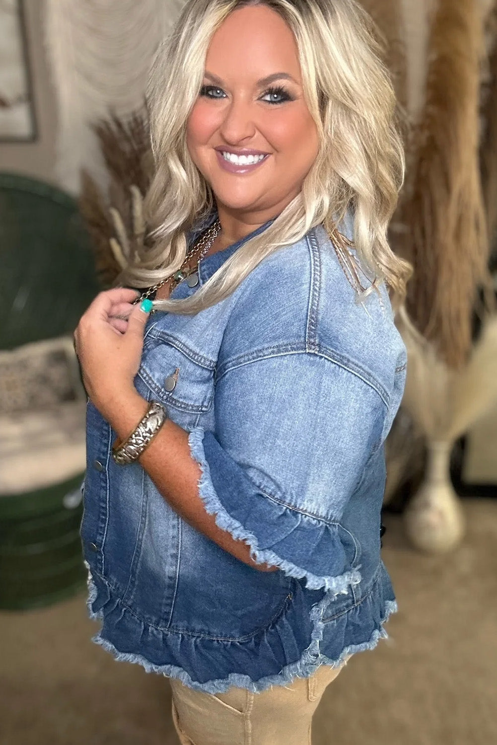 Peacock Blue Ruffled Frayed Short Sleeve Plus Size Denim Jacket Peacock Blue / 1X Peacock Blue / 2X