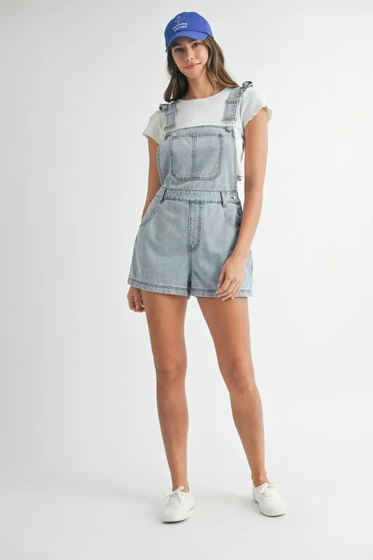 MABLE Square Neck Ruffle Shoulder Denim Overall Romper Lt Denim / S Lt Denim / M Lt Denim / L Lt Denim / S-Lt Denim / M-Lt Denim / L-