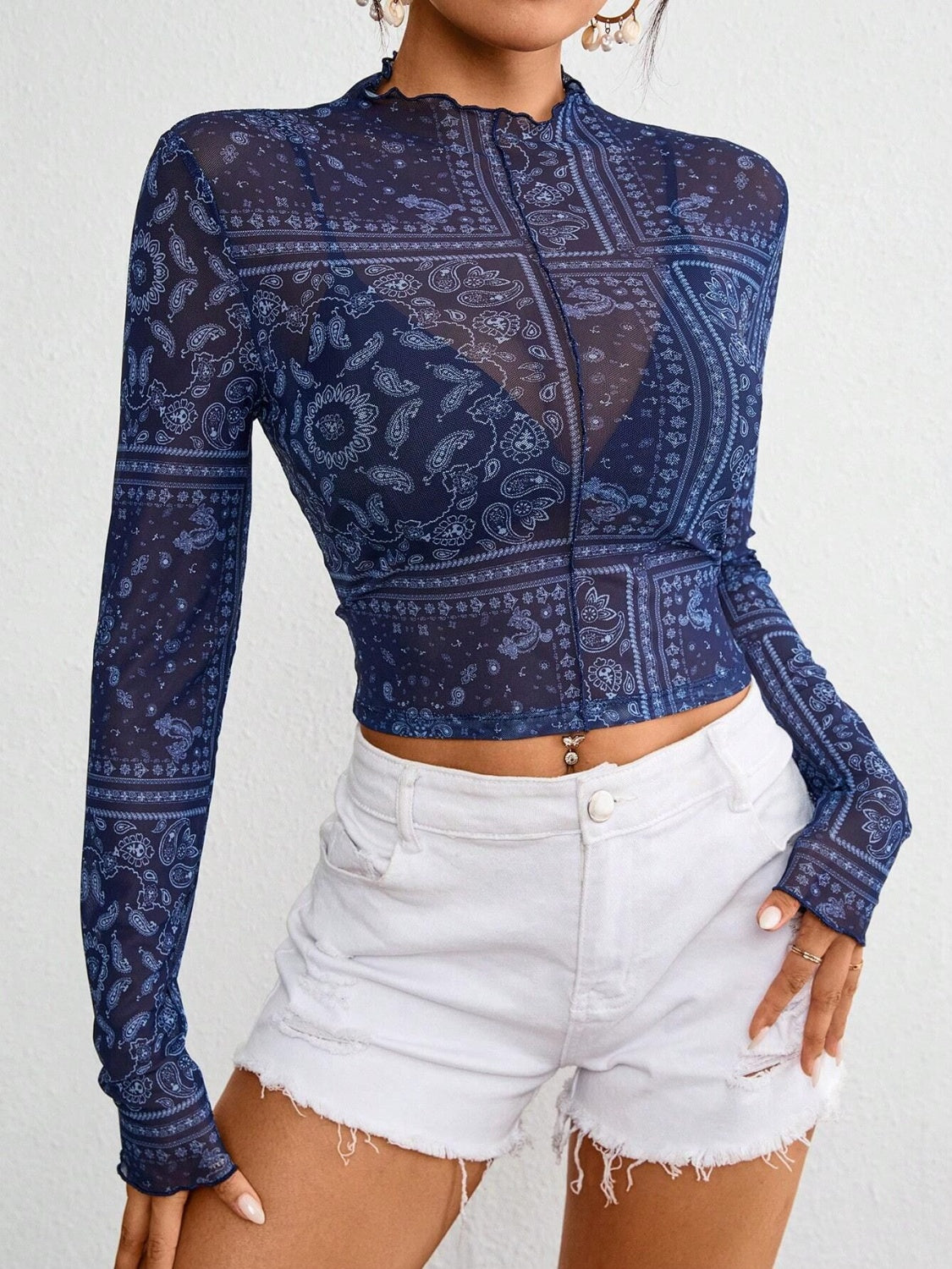 Paisley Mock Neck Long Sleeve Sheer Top Dark Blue / M Dark Blue / XL Dark Blue / S Dark Blue / M-Dark Blue / XL-Dark Blue / S-Dark Blue / L-Dark Blue / 2XL-