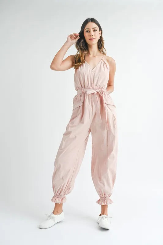 MABLE Washed Fabric Spaghetti Strap Waist Belted Jumpsuit Pink / S Pink / M Pink / L Pink / S-Pink / M-Pink / L-