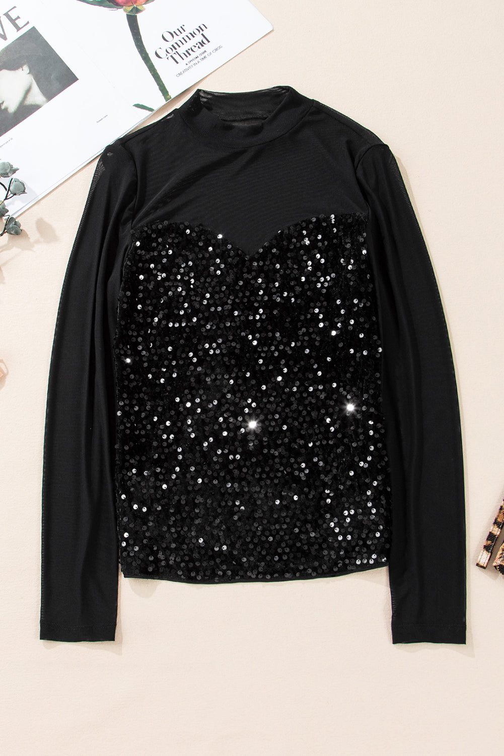Black Sequin Velvet Sheer Mesh Mock Neck Blouse Black / S / 100%PET Black / M / 100%PET
