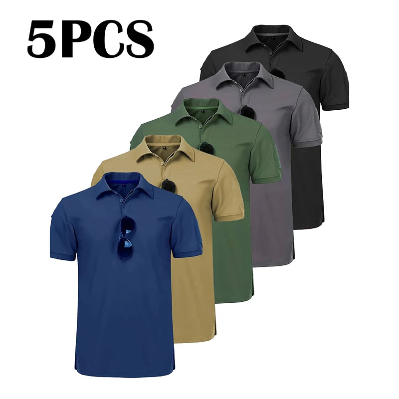 5Pcs Men's Casual Street Short-Sleeved Lapel Polo Shirts Quick-Drying T-Shirt