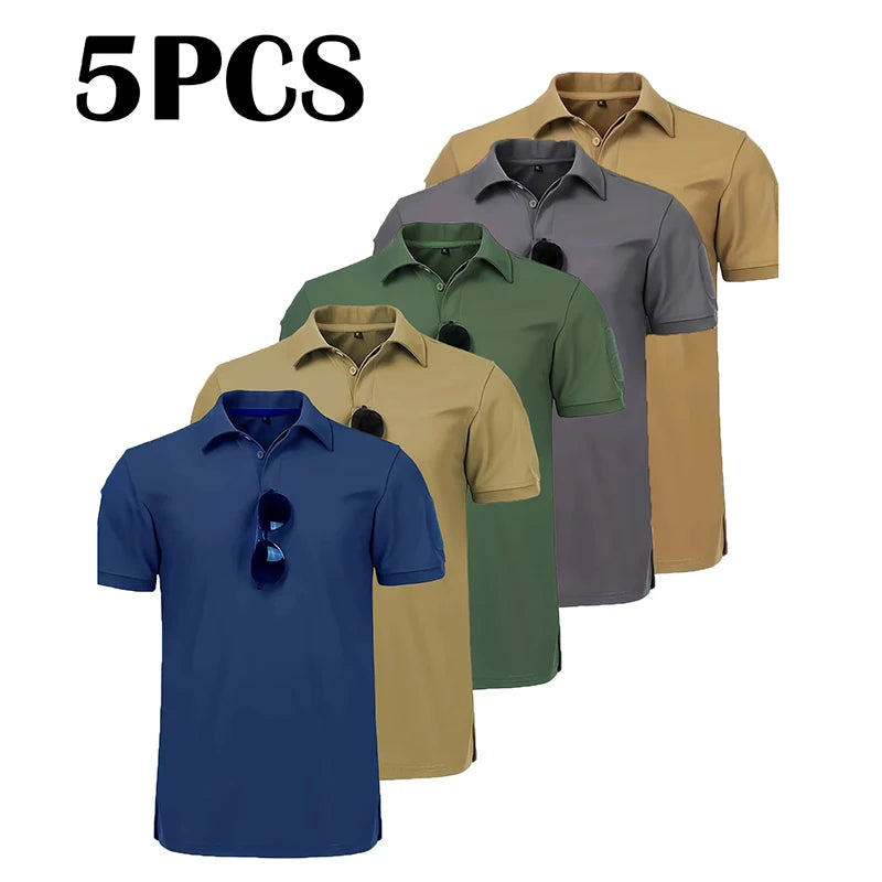 5Pcs Men's Casual Street Short-Sleeved Lapel Polo Shirts Quick-Drying T-Shirt