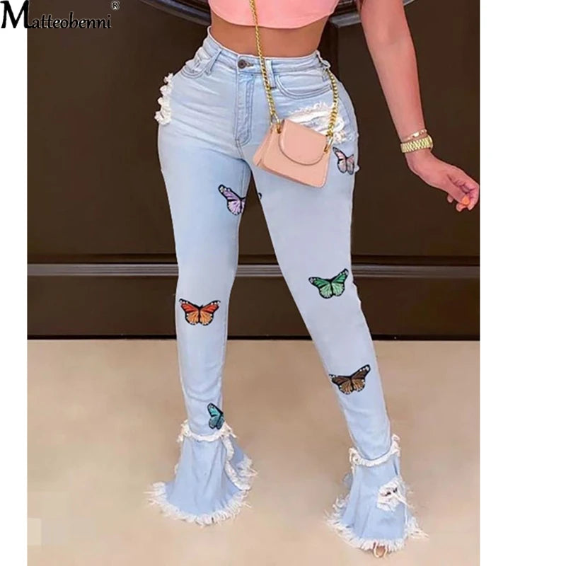 Butterfly Embroidery Denim Flare Pants Women High Waist Skinny Jeans Wide Leg Casual Bell Bottom Jeans Light blue / S Light blue / XXL Light blue / XL Light blue / S-Light blue / XXL-Light blue / XL-Light blue / L-Light blue / M-Light blue / XXXL-