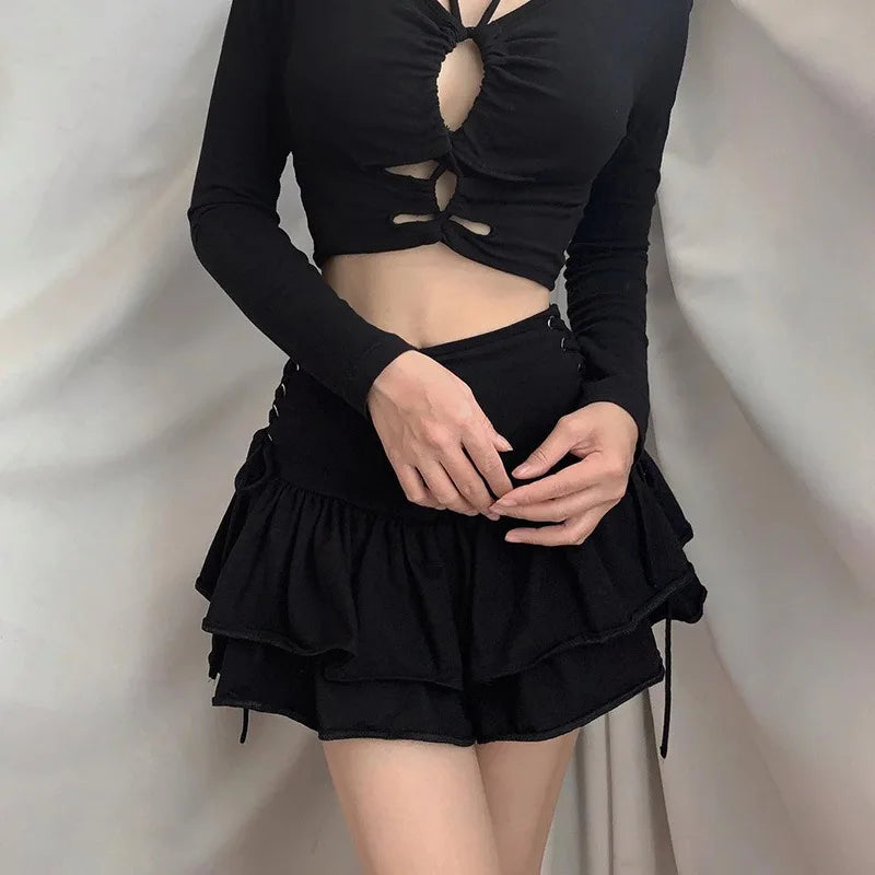 Goth Skirt Women Y2k E-girl High Waist Bandage Mini Skirt Dark Gothic Punk Emo Alt Club Wear