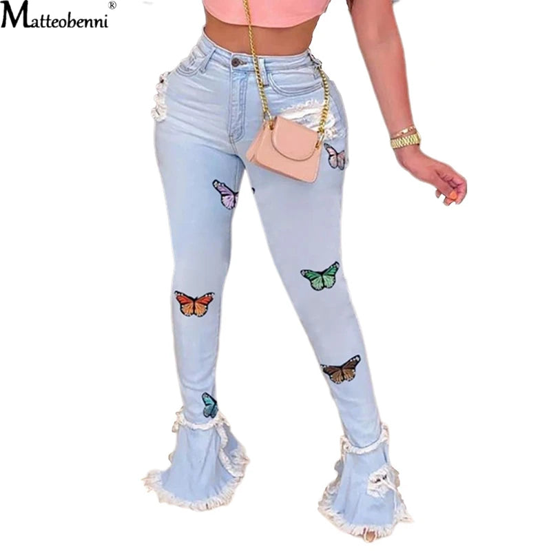 Butterfly Embroidery Denim Flare Pants Women High Waist Skinny Jeans Wide Leg Casual Bell Bottom Jeans Light blue / S Light blue / XXL Light blue / XL Light blue / S-Light blue / XXL-Light blue / XL-Light blue / L-Light blue / M-Light blue / XXXL-