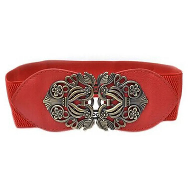 Carved Wide Belts For Women Black Simple Waist Elastic Ladies Waistband Round Buckle D / United States C / United States