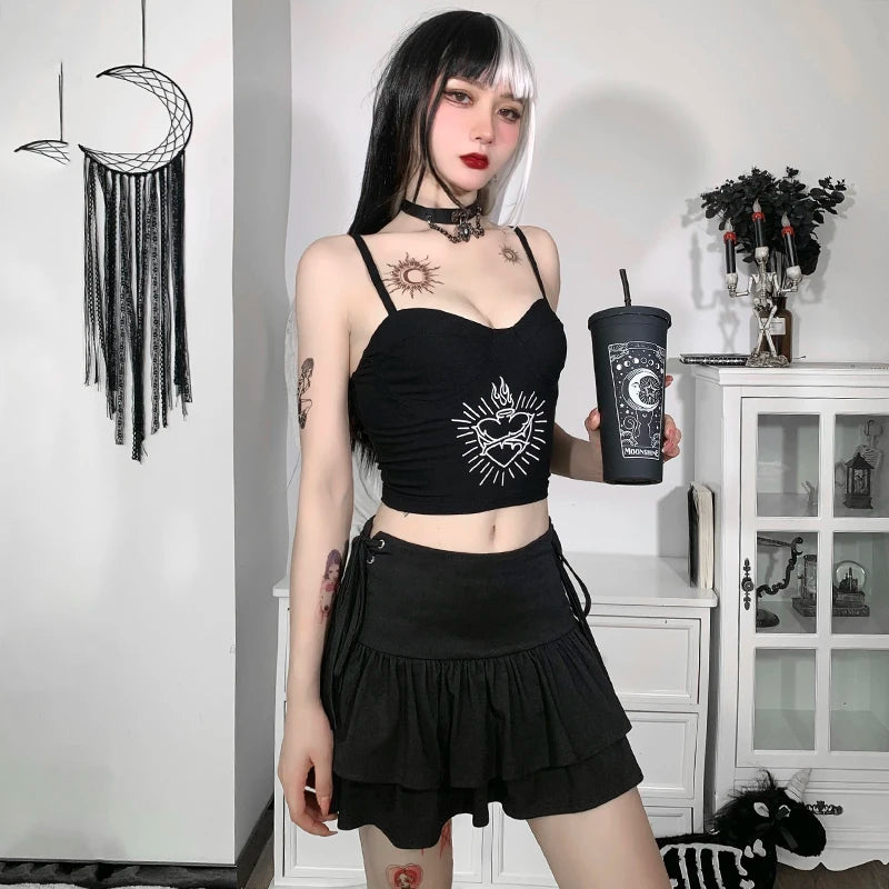 Goth Skirt Women Y2k E-girl High Waist Bandage Mini Skirt Dark Gothic Punk Emo Alt Club Wear