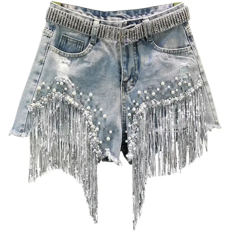 Elegant Shorts Lady Tassel Beading High Waist Wide Leg Denim Casual Solid Shorts Jeans