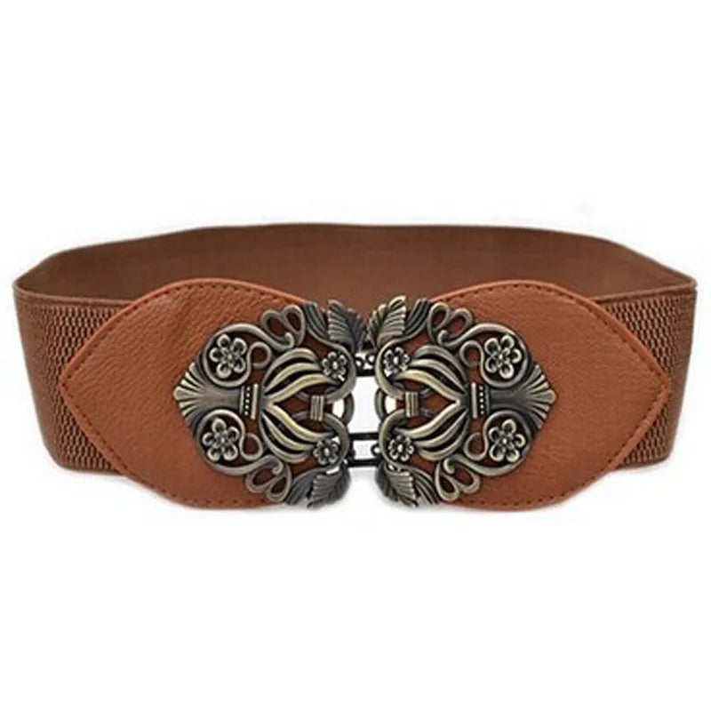Carved Wide Belts For Women Black Simple Waist Elastic Ladies Waistband Round Buckle D / United States C / United States