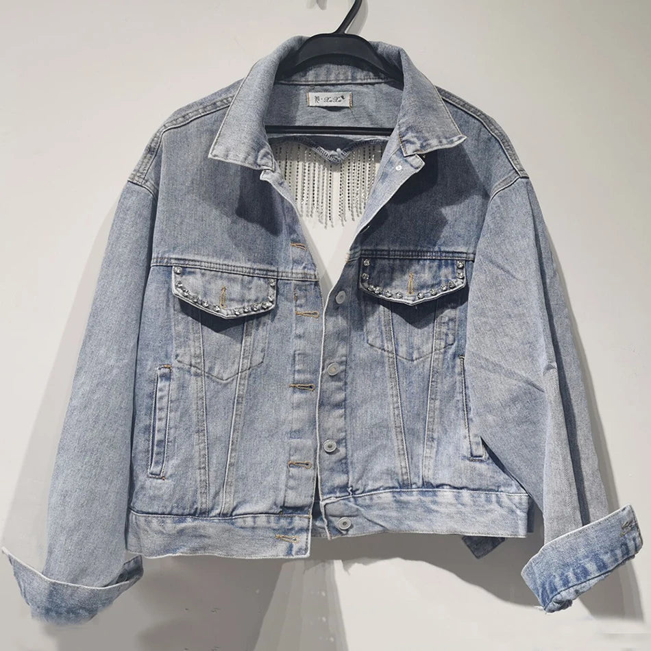 Denim Jacket Female Light Blue Diamond Tassel Coat Single-Breasted Open Back Women Jeans Coat