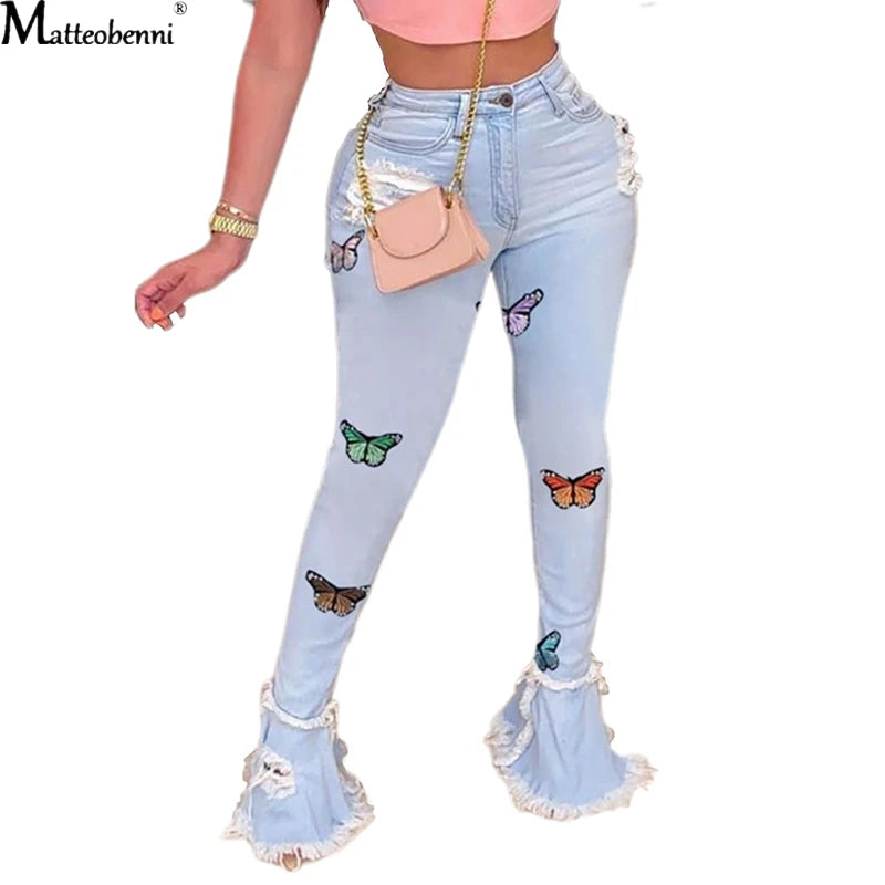 Butterfly Embroidery Denim Flare Pants Women High Waist Skinny Jeans Wide Leg Casual Bell Bottom Jeans Light blue / S Light blue / XXL Light blue / XL Light blue / S-Light blue / XXL-Light blue / XL-Light blue / L-Light blue / M-Light blue / XXXL-
