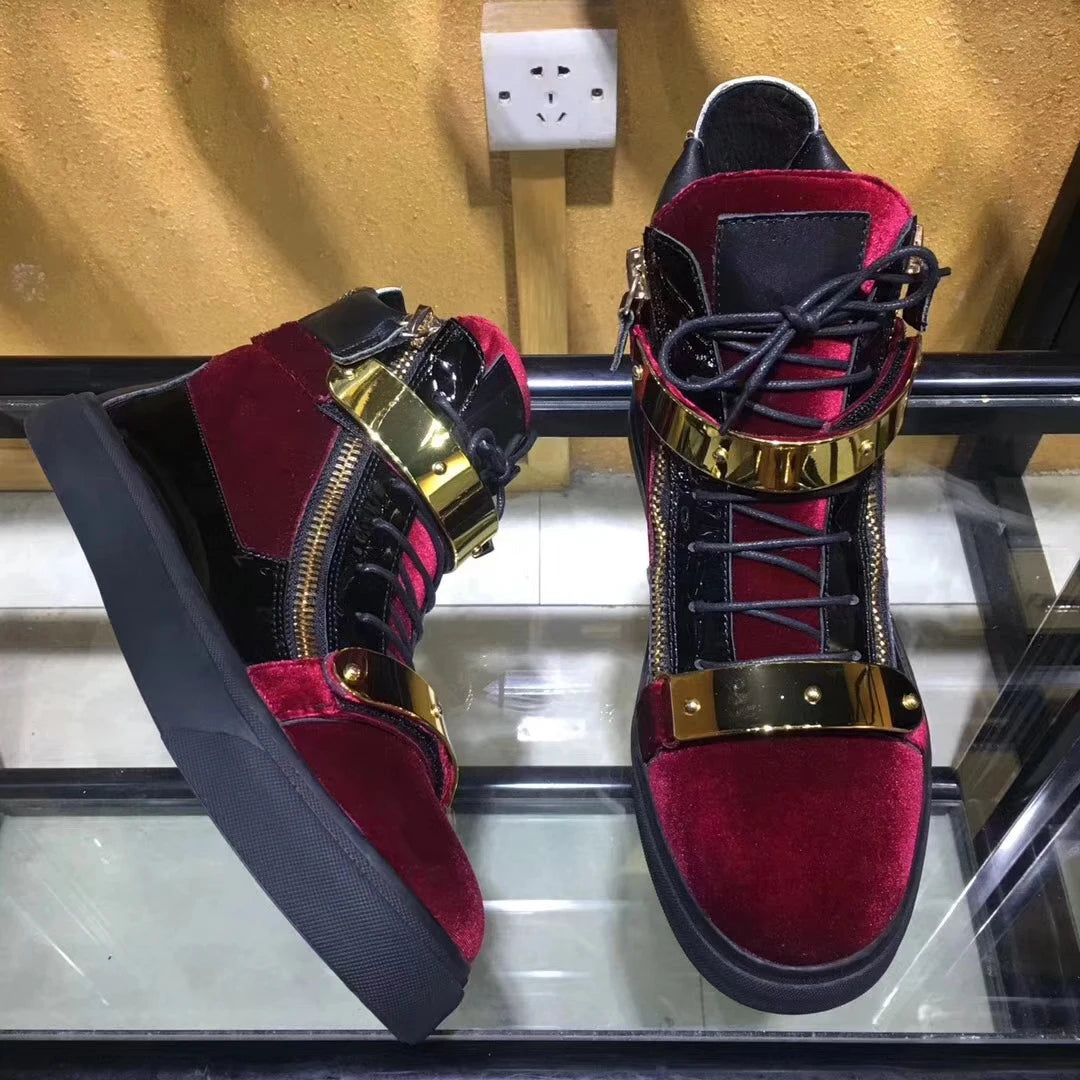 Luxury Brand Flock Metal Buckle Lace-Up Zipper Casual Shoes Men Spring High Top Running Male Sneaker