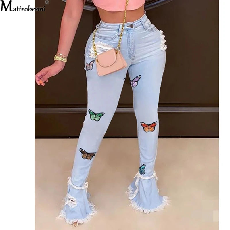 Butterfly Embroidery Denim Flare Pants Women High Waist Skinny Jeans Wide Leg Casual Bell Bottom Jeans Light blue / S Light blue / XXL Light blue / XL Light blue / S-Light blue / XXL-Light blue / XL-Light blue / L-Light blue / M-Light blue / XXXL-