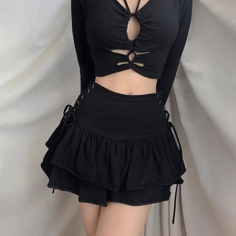 Goth Skirt Women Y2k E-girl High Waist Bandage Mini Skirt Dark Gothic Punk Emo Alt Club Wear