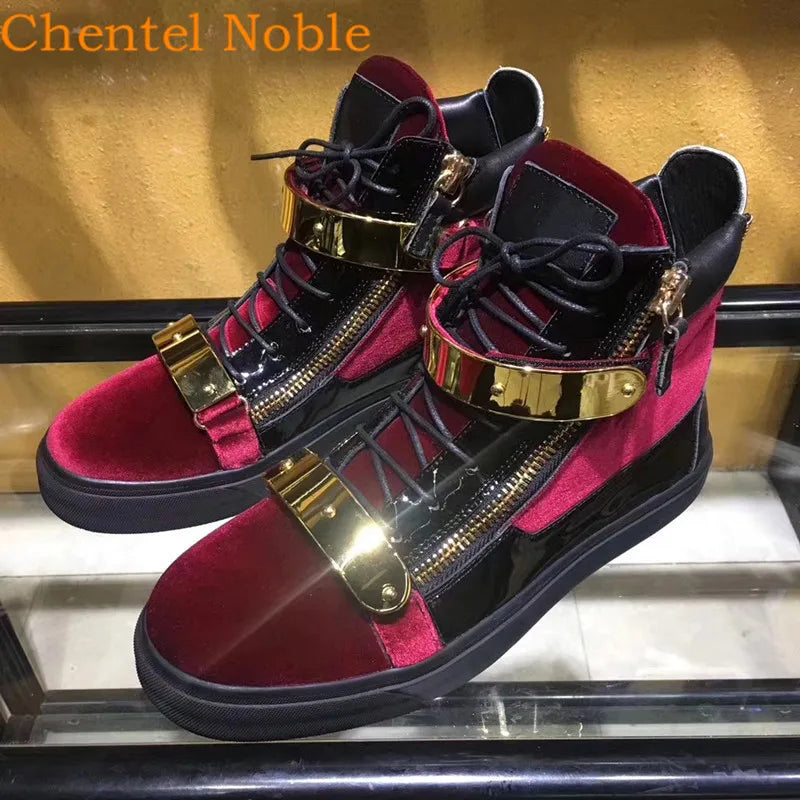 Luxury Brand Flock Metal Buckle Lace-Up Zipper Casual Shoes Men Spring High Top Running Male Sneaker