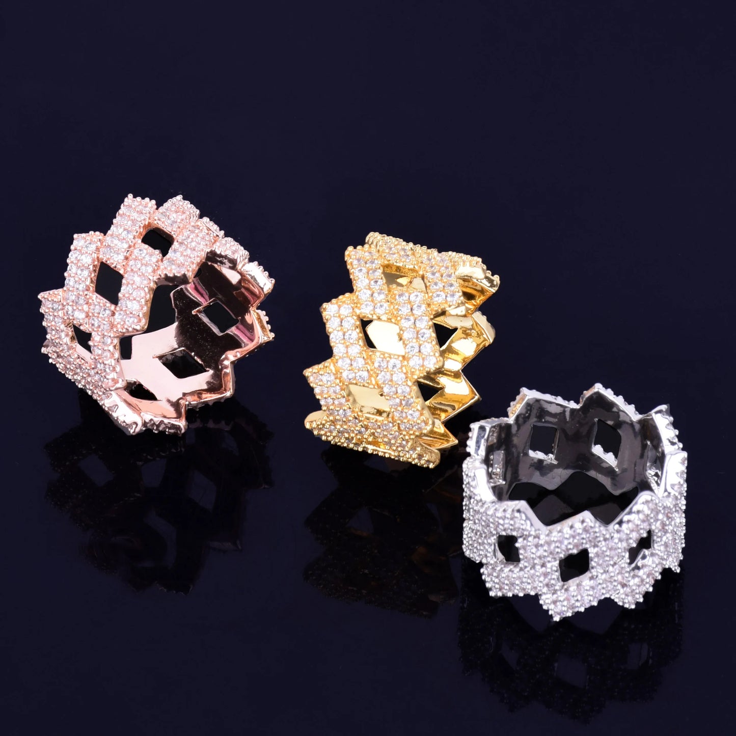 Bubble Letter Miami Cuban Link Rings for Men Gold Color Iced Out Full Zircon