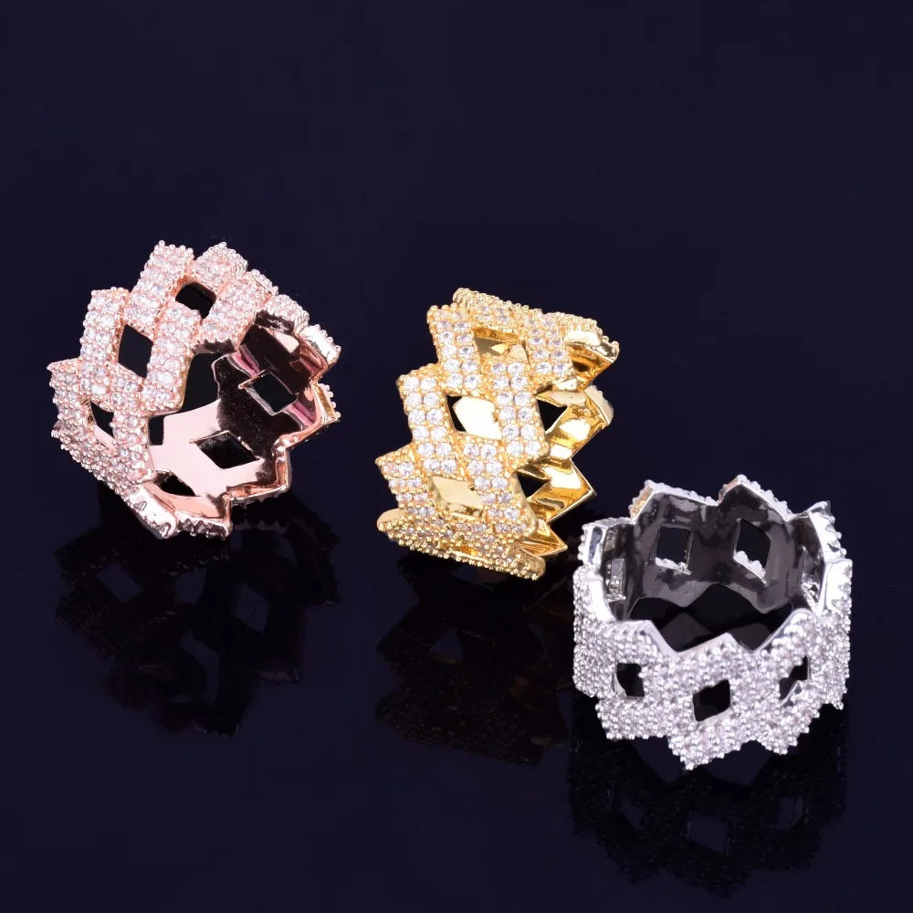 Bubble Letter Miami Cuban Link Rings for Men Gold Color Iced Out Full Zircon