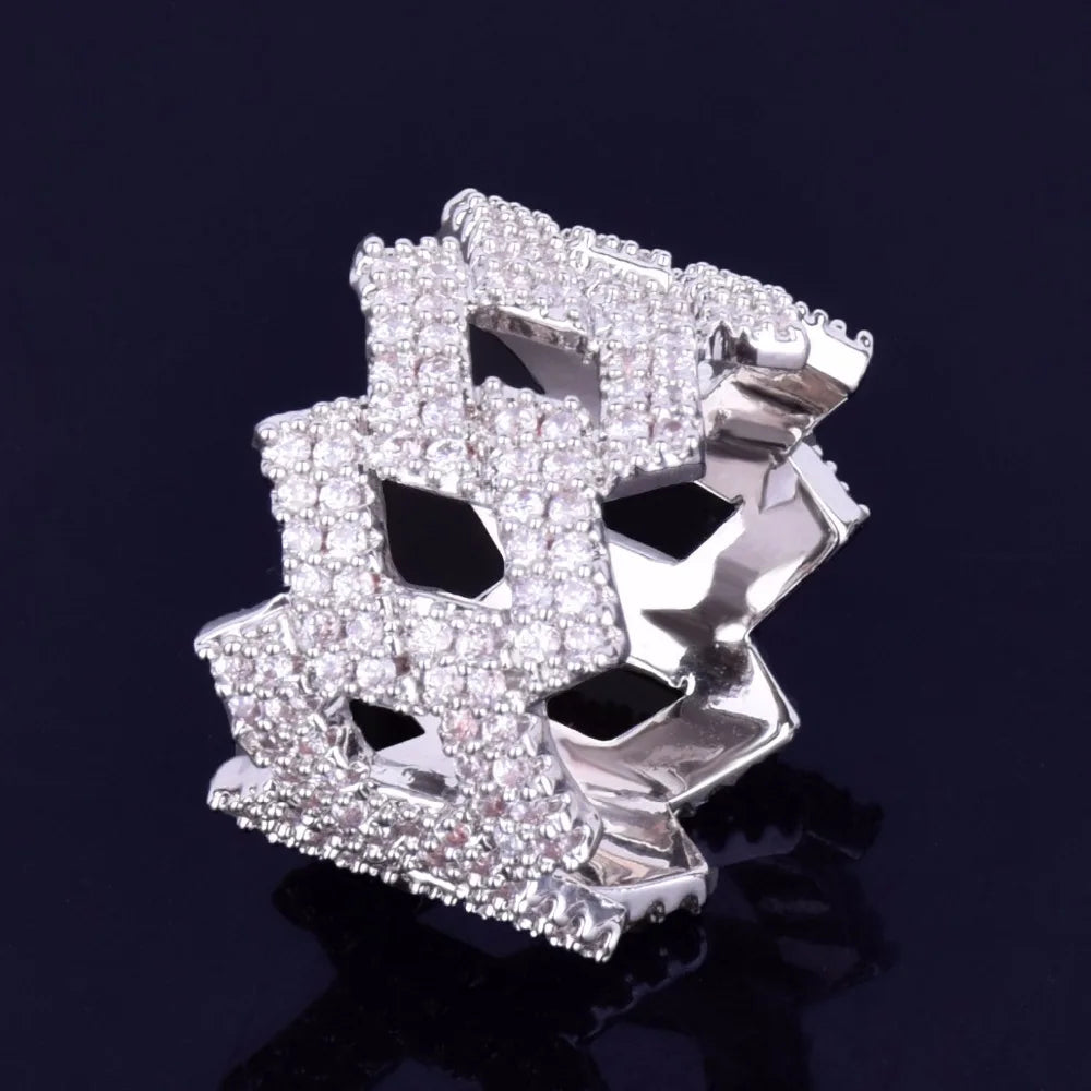 Bubble Letter Miami Cuban Link Rings for Men Gold Color Iced Out Full Zircon