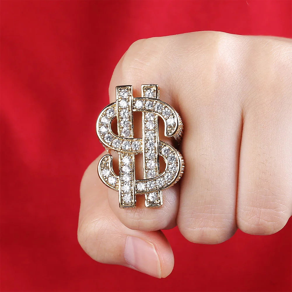 Iced Out Bling Gold Silver Color US Dollar Sign Cubic Zircon Hip Hop Ring for Men Silver / 9 / United States Silver / 8 / United States