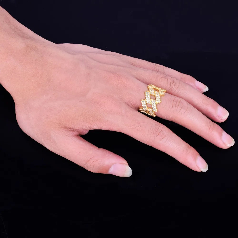 Bubble Letter Miami Cuban Link Rings for Men Gold Color Iced Out Full Zircon