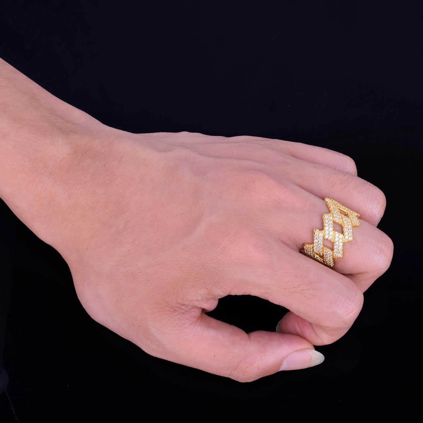 Bubble Letter Miami Cuban Link Rings for Men Gold Color Iced Out Full Zircon