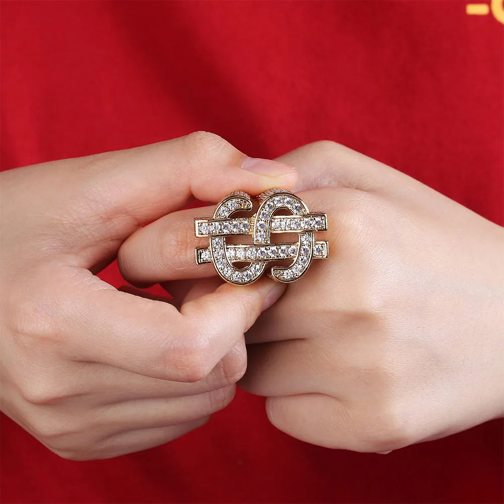Iced Out Bling Gold Silver Color US Dollar Sign Cubic Zircon Hip Hop Ring for Men Silver / 9 / United States Silver / 8 / United States
