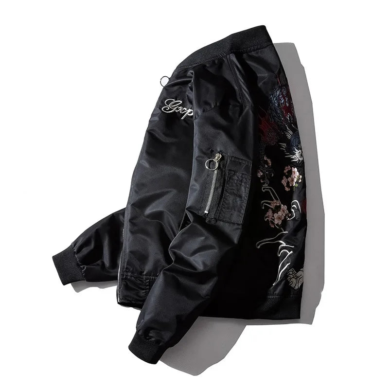 Embroidery Mens Bomber Jacket Dragon Tiger Pilot Jacket Men