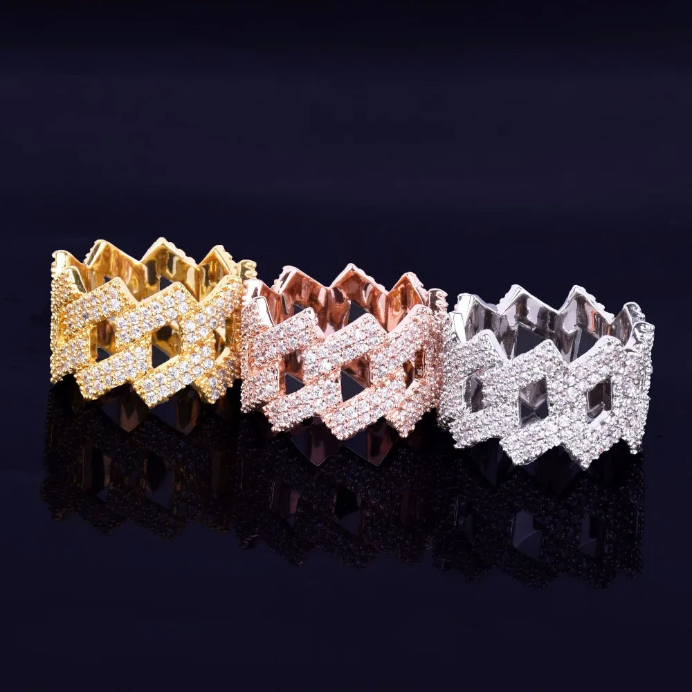 Bubble Letter Miami Cuban Link Rings for Men Gold Color Iced Out Full Zircon