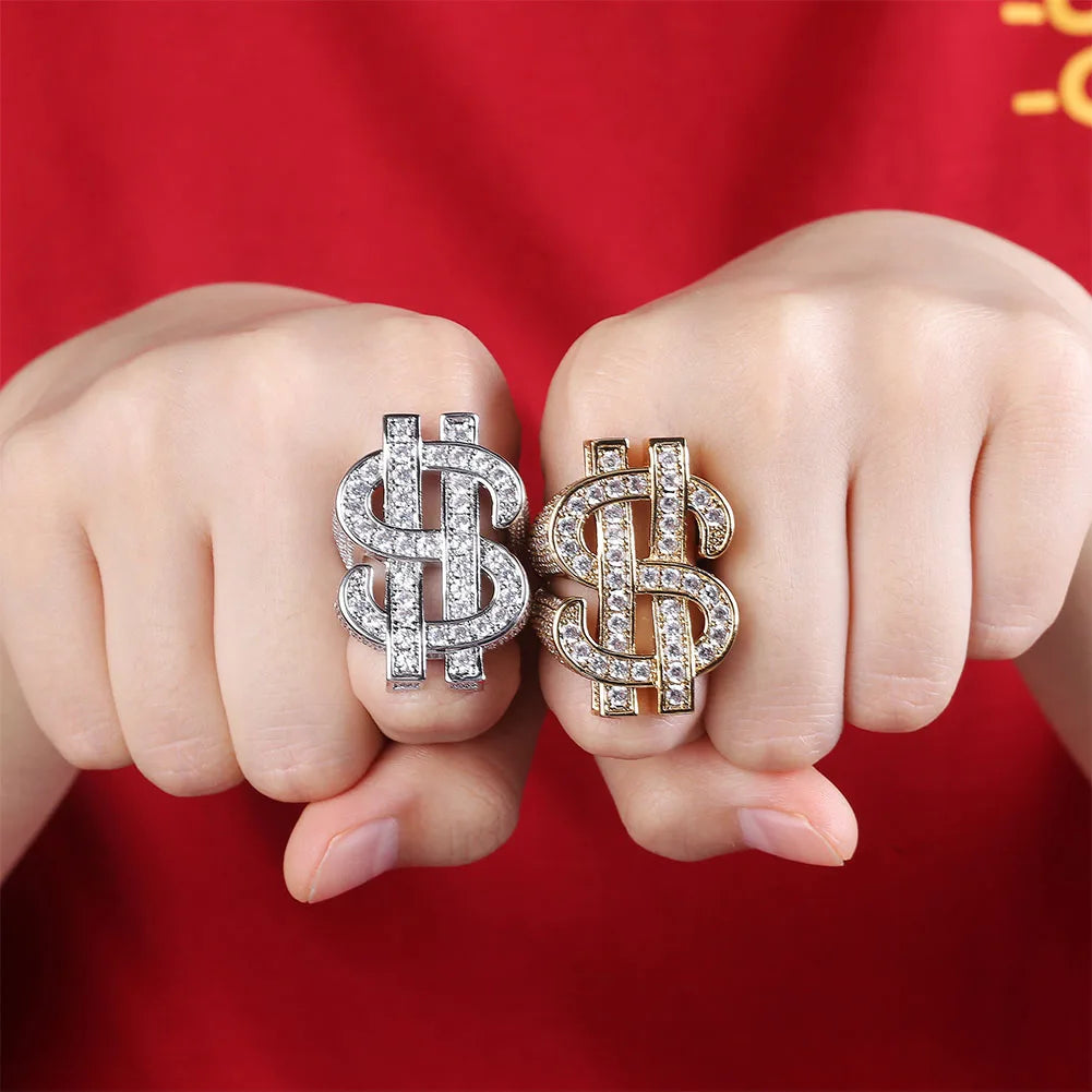 Iced Out Bling Gold Silver Color US Dollar Sign Cubic Zircon Hip Hop Ring for Men Silver / 9 / United States Silver / 8 / United States