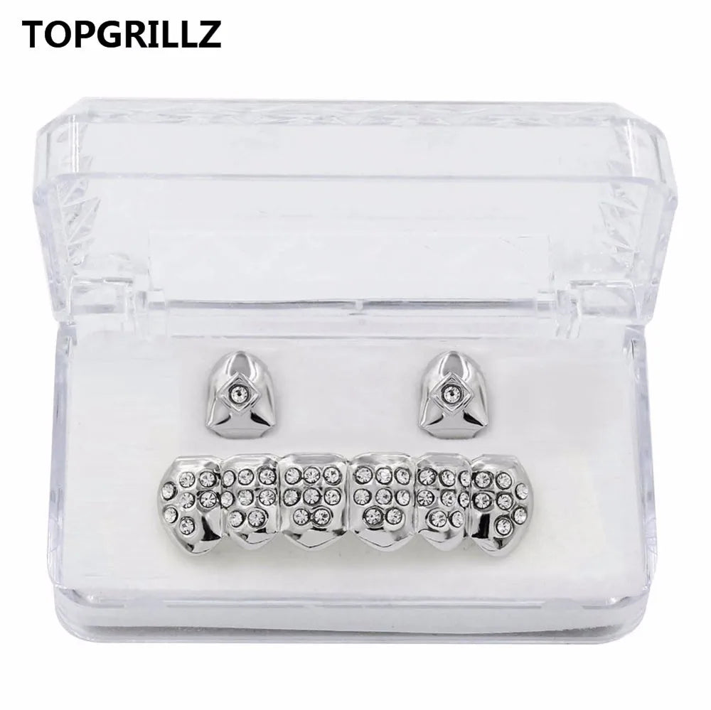 Yellow Gold Color Plated 2 Single Top Teeth Grillz Cap Tooth Grills Two Lines Bottom Hip Hop