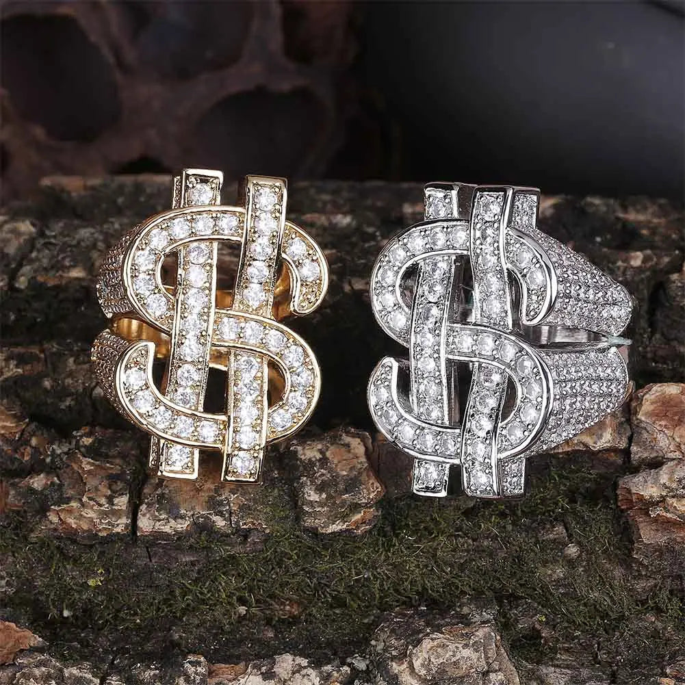 Iced Out Bling Gold Silver Color US Dollar Sign Cubic Zircon Hip Hop Ring for Men Silver / 9 / United States Silver / 8 / United States