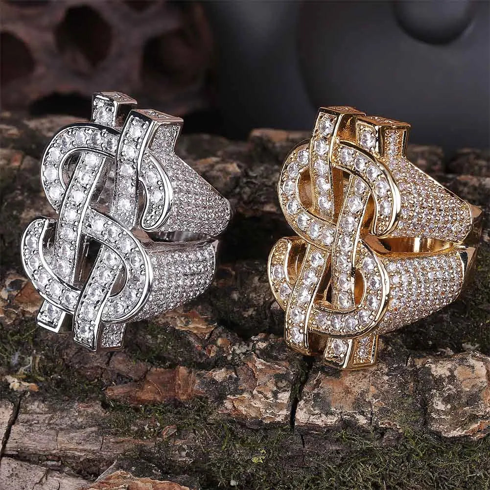 Iced Out Bling Gold Silver Color US Dollar Sign Cubic Zircon Hip Hop Ring for Men Silver / 9 / United States Silver / 8 / United States