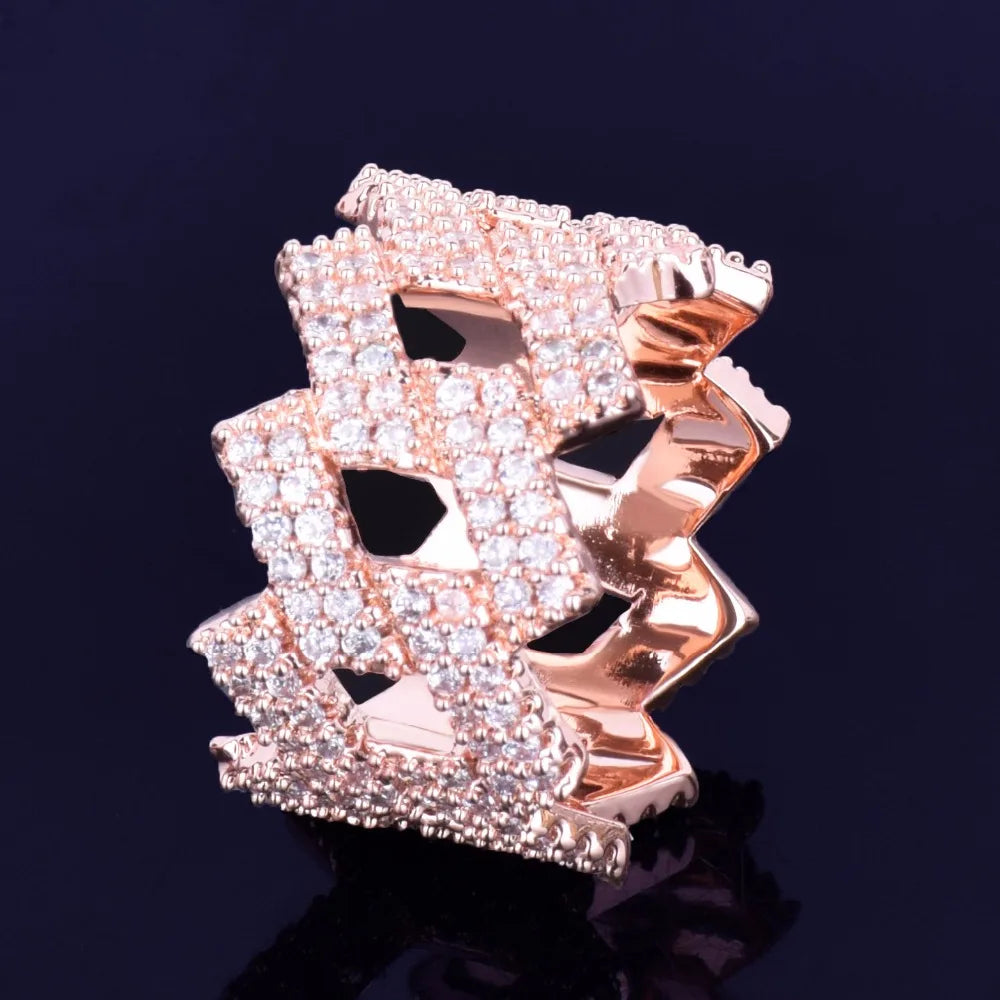 Bubble Letter Miami Cuban Link Rings for Men Gold Color Iced Out Full Zircon