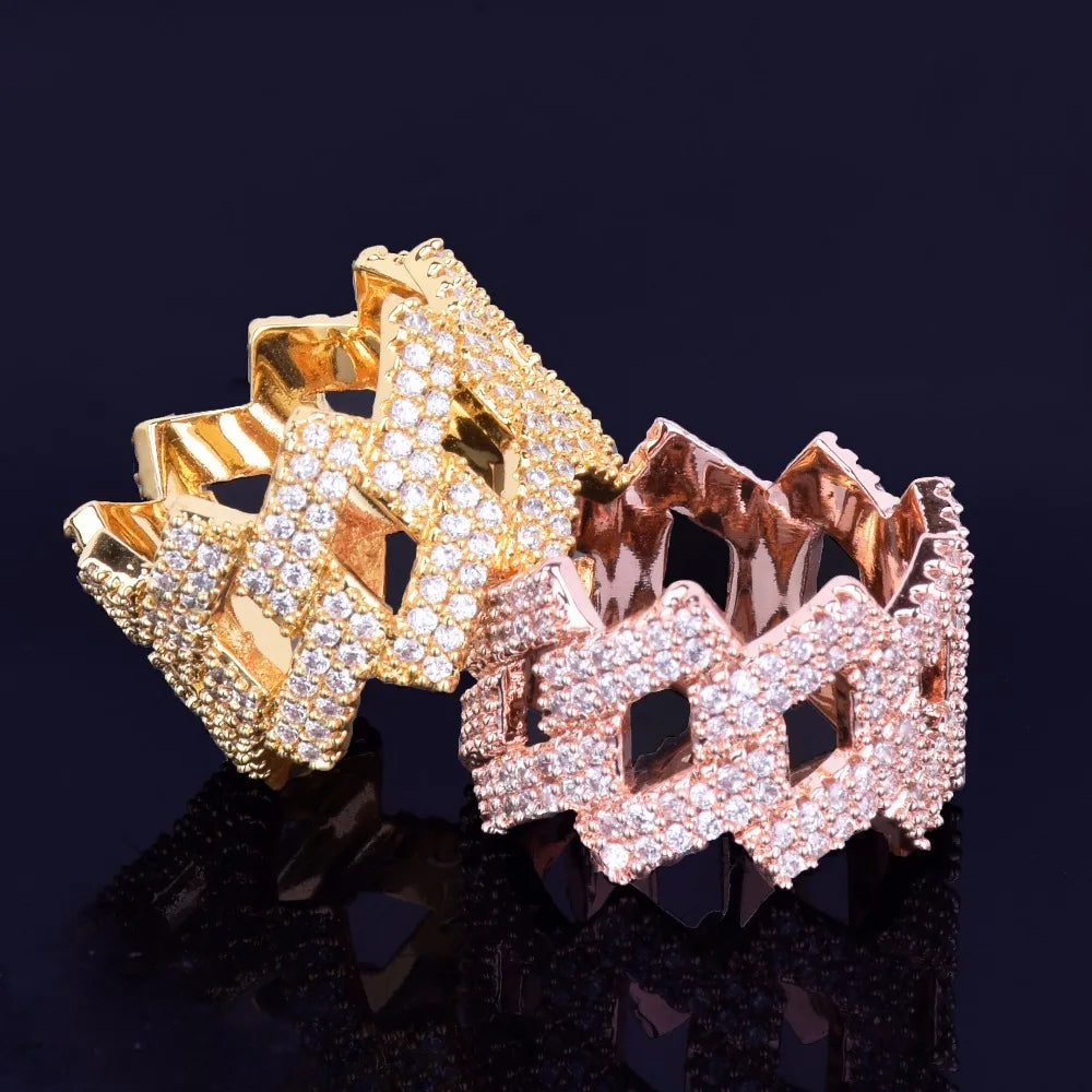 Bubble Letter Miami Cuban Link Rings for Men Gold Color Iced Out Full Zircon