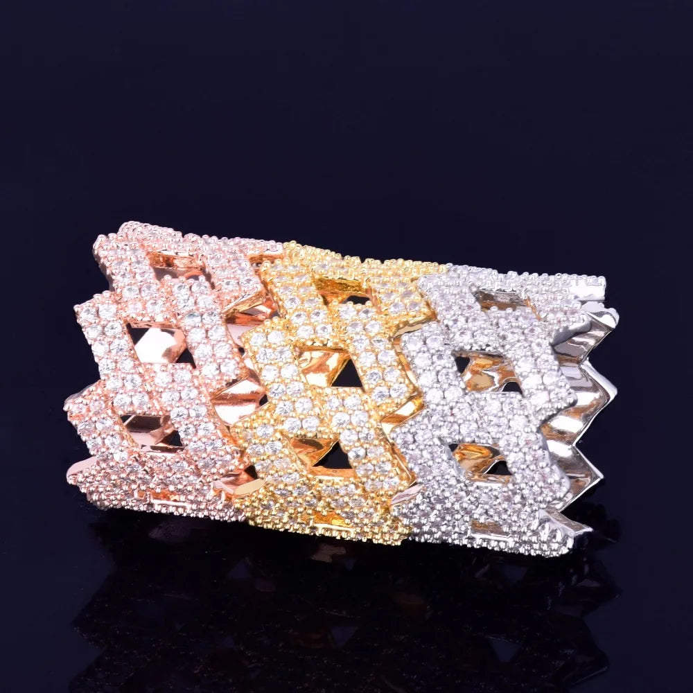 Bubble Letter Miami Cuban Link Rings for Men Gold Color Iced Out Full Zircon