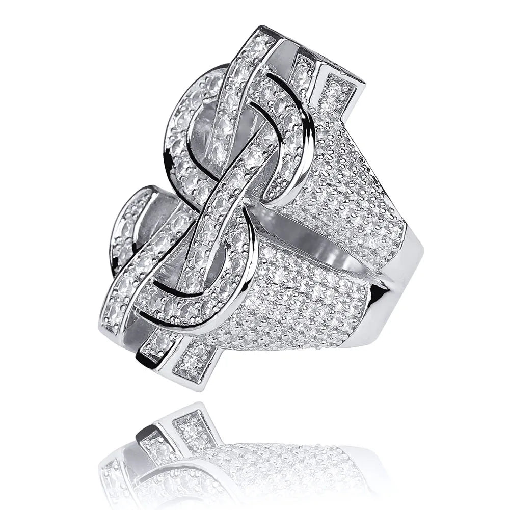 Iced Out Bling Gold Silver Color US Dollar Sign Cubic Zircon Hip Hop Ring for Men Silver / 9 / United States Silver / 8 / United States