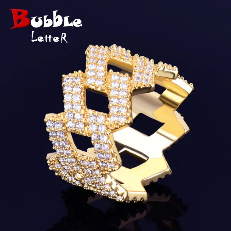 Bubble Letter Miami Cuban Link Rings for Men Gold Color Iced Out Full Zircon