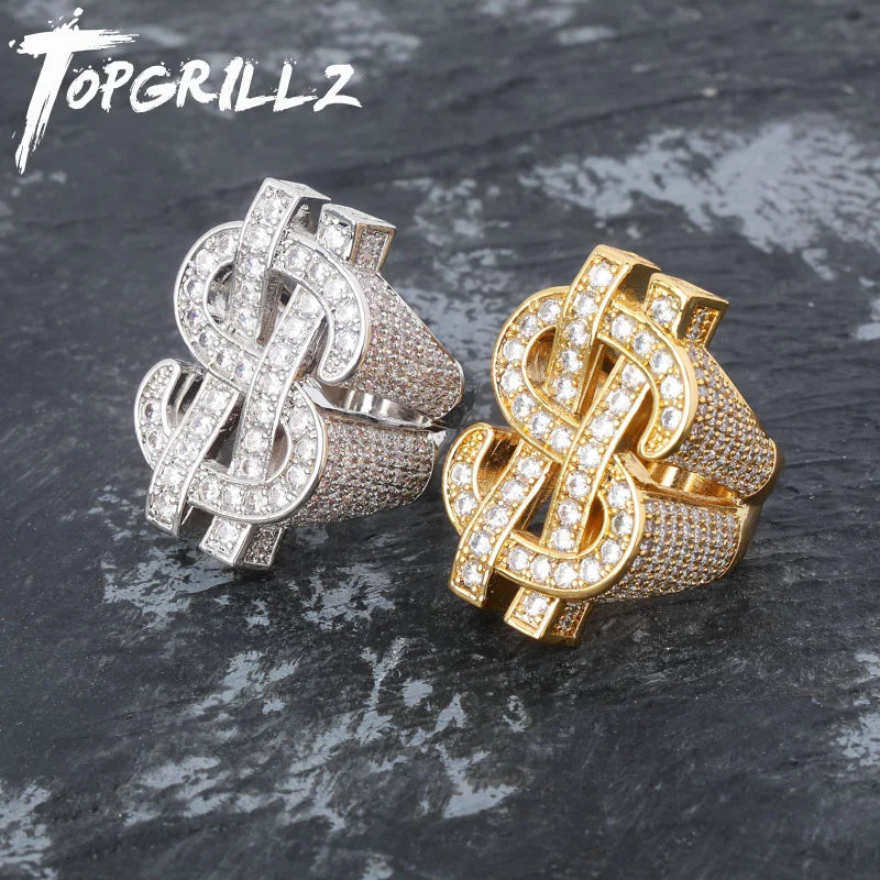 Iced Out Bling Gold Silver Color US Dollar Sign Cubic Zircon Hip Hop Ring for Men Silver / 9 / United States Silver / 8 / United States