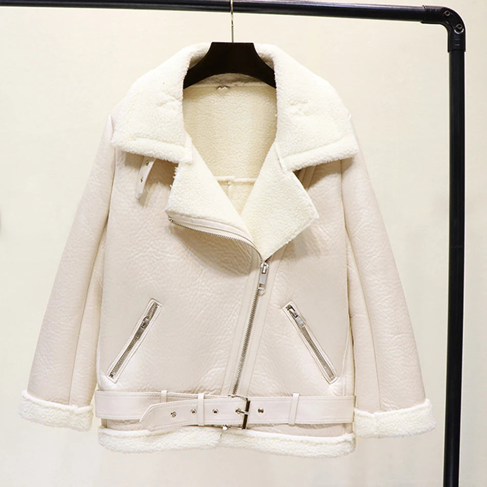 Thick and warm faux leather jacket Coat women's beige long-sleeved belt jacket women 2025 winter fashion new streetwear Tops
