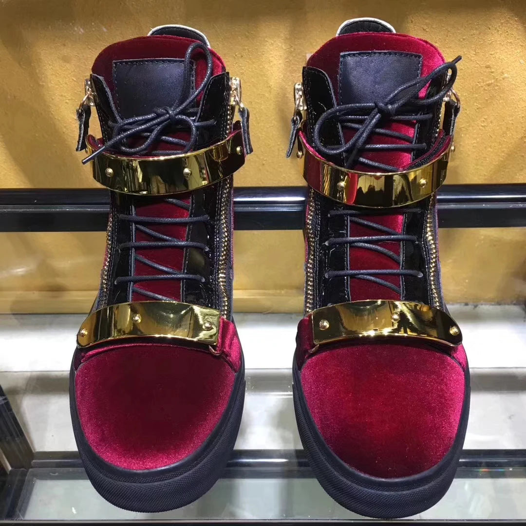 Luxury Brand Flock Metal Buckle Lace-Up Zipper Casual Shoes Men Spring High Top Running Male Sneaker