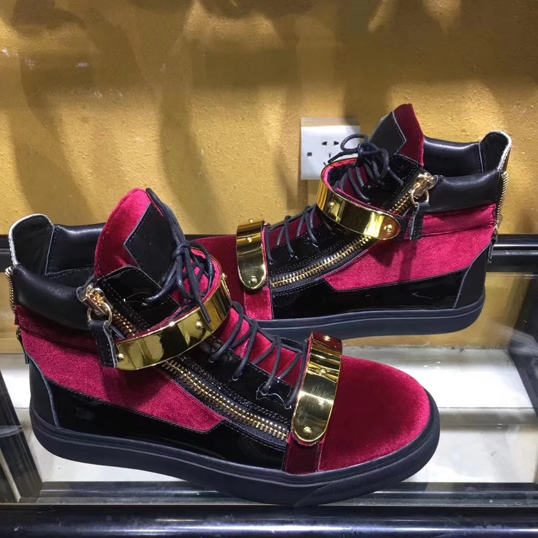 Luxury Brand Flock Metal Buckle Lace-Up Zipper Casual Shoes Men Spring High Top Running Male Sneaker