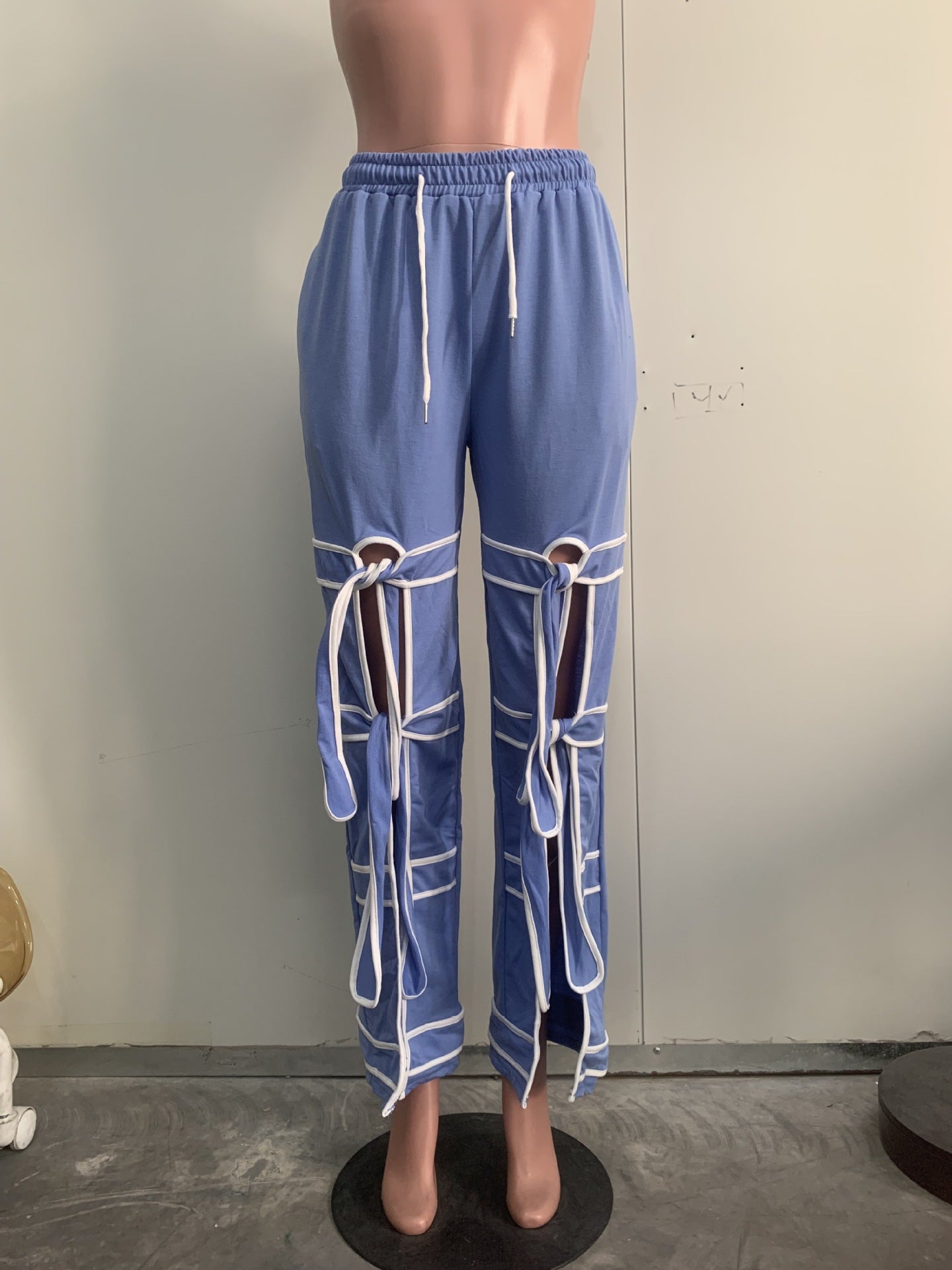 Striped Patchwork Bowknot Split Wide Leg Jogger Trousers