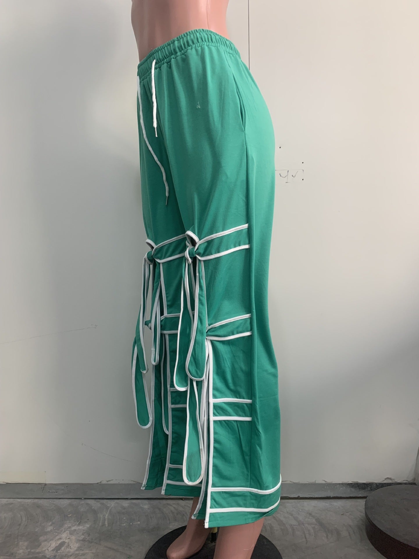 Striped Patchwork Bowknot Split Wide Leg Jogger Trousers